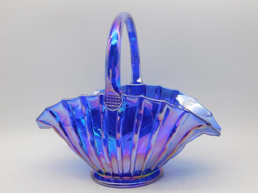 LE Smith Blue Carnival Glass Basket: LE Smith Blue Carnival Glass Basket