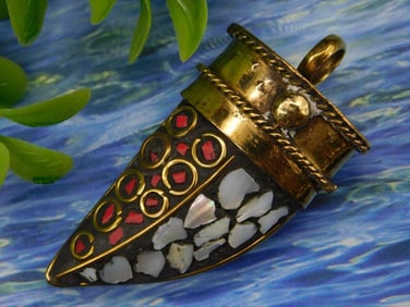 Abalone and Red Coral Horn Pendant