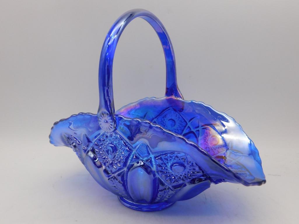 LE Smith Blue Carnival Glass Basket: LE Smith Blue Carnival Glass Basket