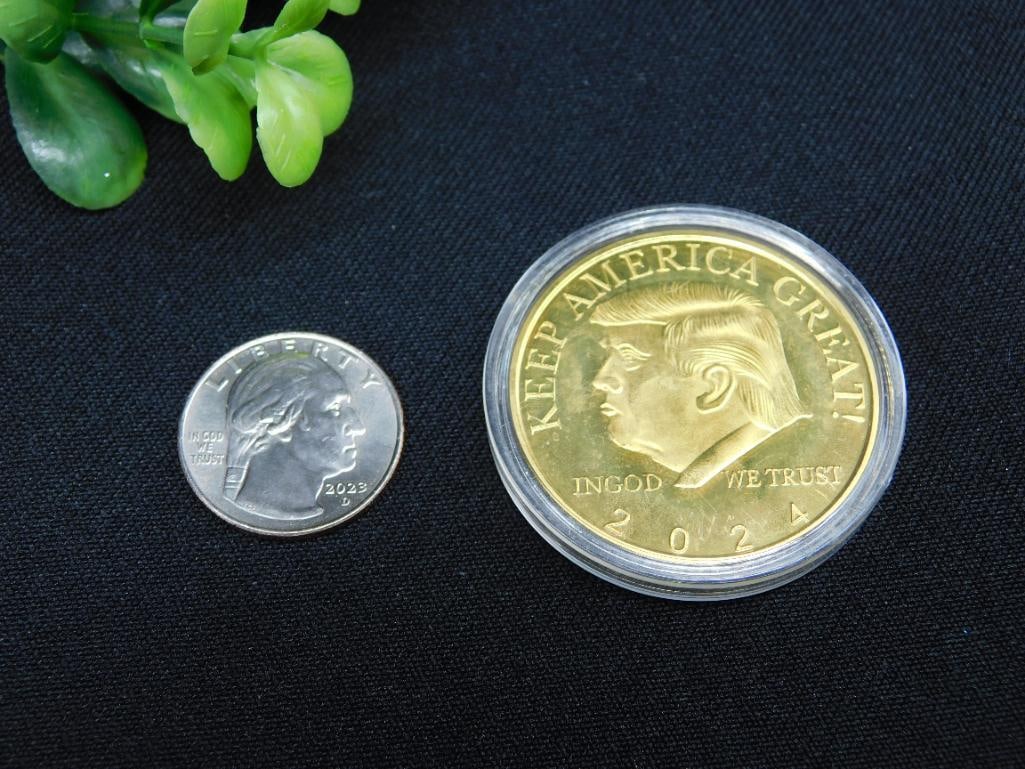 Donald Trump 45th President Gold-Colored Commemorative Coin: - Features a gold-colored coin commemorating Donald Trump as the 45th President of the United States. | - Obverse shows the profile of Donald Trump with the text "Keep America Great," year marked as 2