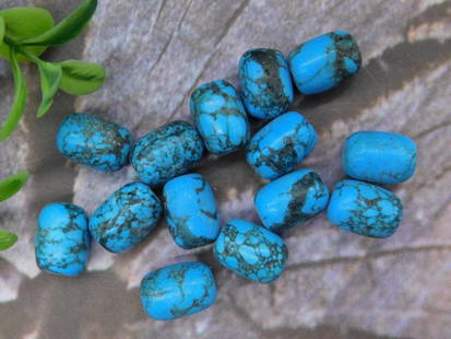Lot of Blue Turquoise Beads for Jewelry Making: Lot of 14 blue simulated turquoise beads with black veining patterns. Beads are barrel-shaped and polished for a smooth finish. Weighing approximately 34 grams as noted on the lot card. Ideal for craf