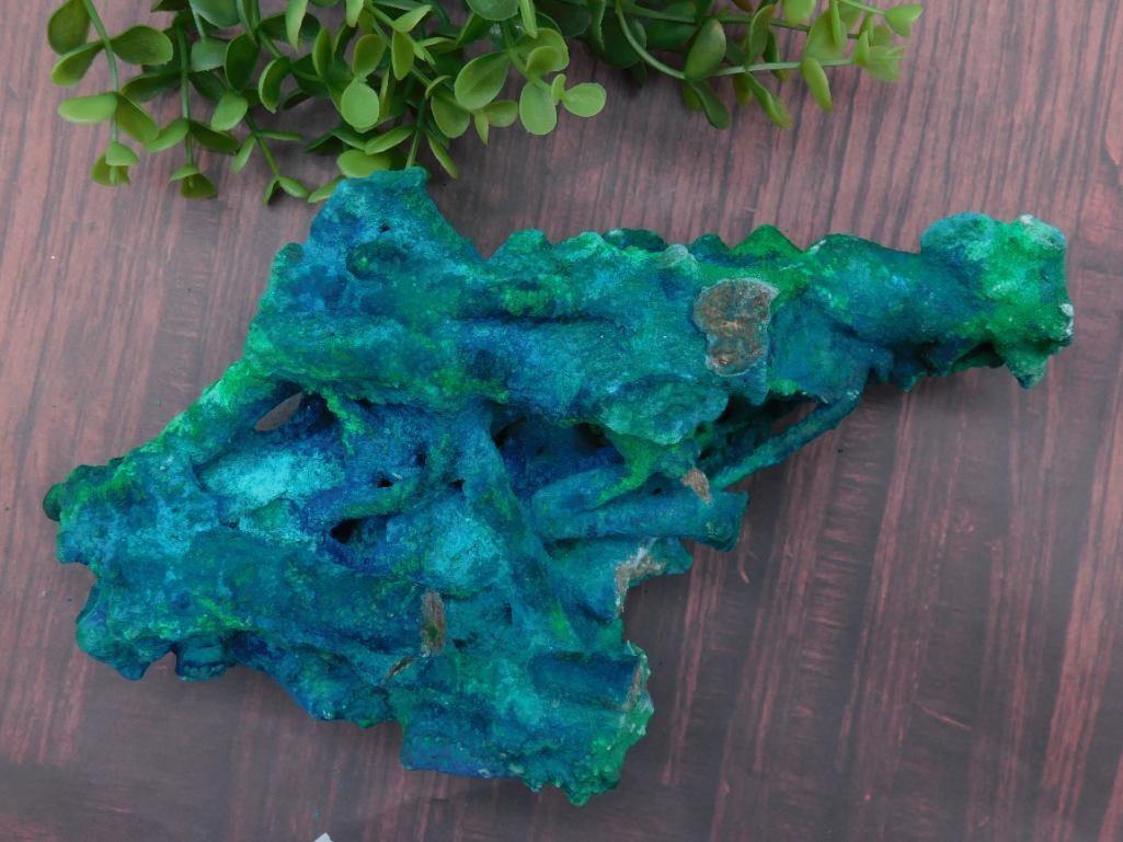 Azurite and Malachite Mineral Specimen ROCK STONE LAPIDARY SPECIMEN: - Vibrant mineral cluster featuring blue and green hues with natural textures and formations. | - Weighs approximately 92 grams as noted on the label. | - Includes a ruler for scale; dimensions approx
