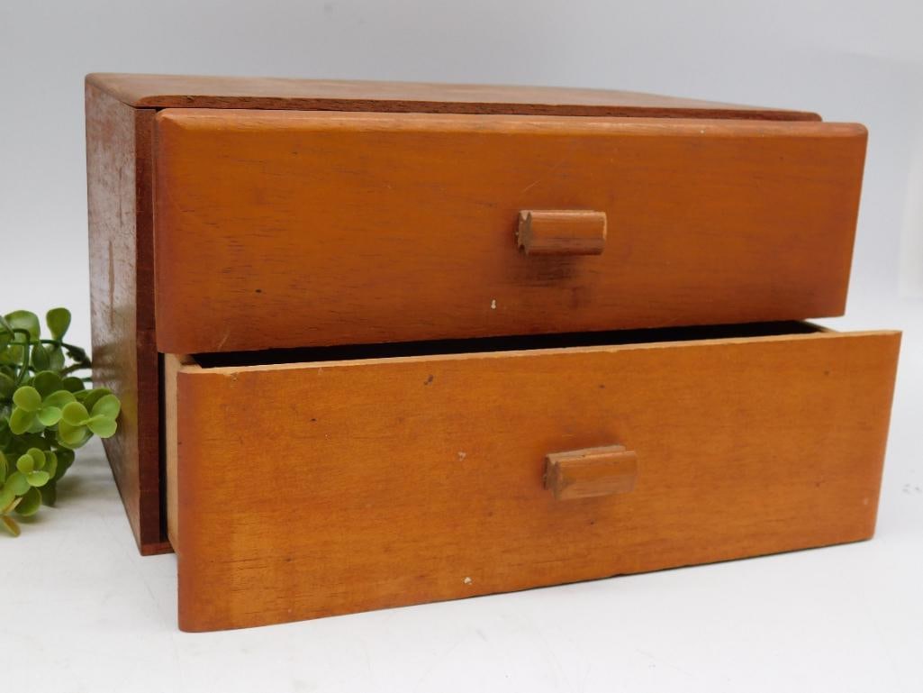 Vintage Tampa Wood Cigar Box with Two Drawers: - Vintage wood cigar box featuring two drawers and crafted in Tampa, Florida. | - Manufactured by J.W. Swann & Co. with the stamp of the City of Tampa, Florida. | - Includes official markings on the b