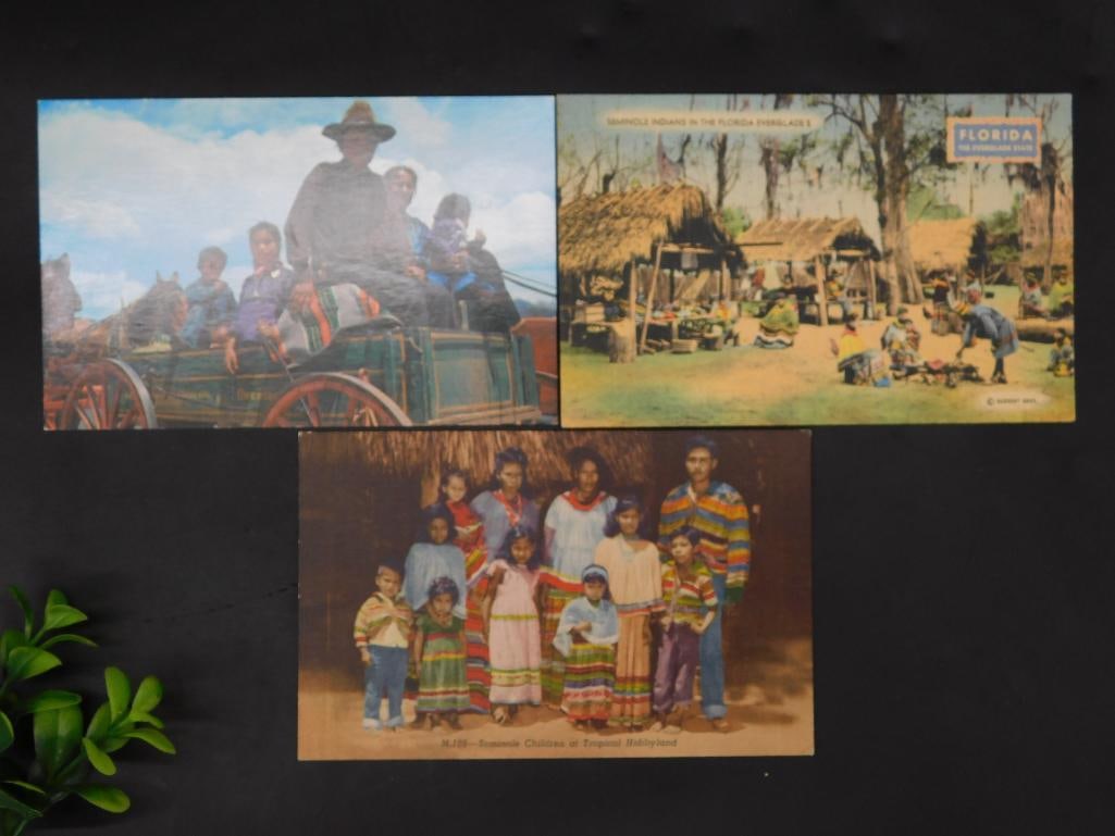 3 Vintage Florida Seminole Tribe Postcards: - A set of 3 vintage postcards featuring scenes and members of the Seminole Tribe in Florida. | - Includes imagery of traditional Seminole clothing, a historical village scene, and a wagon ride with t