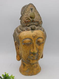 Handcrafted Clay Bust of a Buddha with Ornate Detailing: - Handcrafted clay bust of a Buddha with intricate facial detailing. | - Features a decorative headdress, showing elaborate leaf and design elements. | - Outer surface painted with a combination of ea