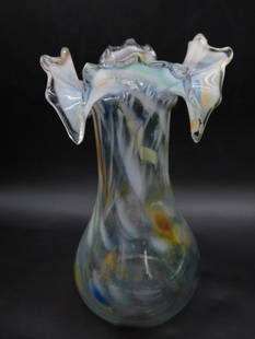 Slung Glass Multicolor Art Glass Vase With Unique Rim: - Hand-blown multicolor art glass vase showcasing a vibrant and abstract design with an array of colors including blue, yellow, and white. | - Features a freeform, wavy rim that adds a sculptural elem