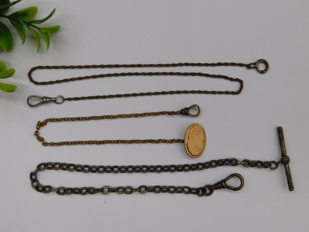 Vintage Pocket Watch Chains and Fobs: - Includes four vintage pocket watch chains in varying designs and lengths. | - Features an oval, gold-tone fob with floral engraving details. | - Chains are made of metal, featuring different link st