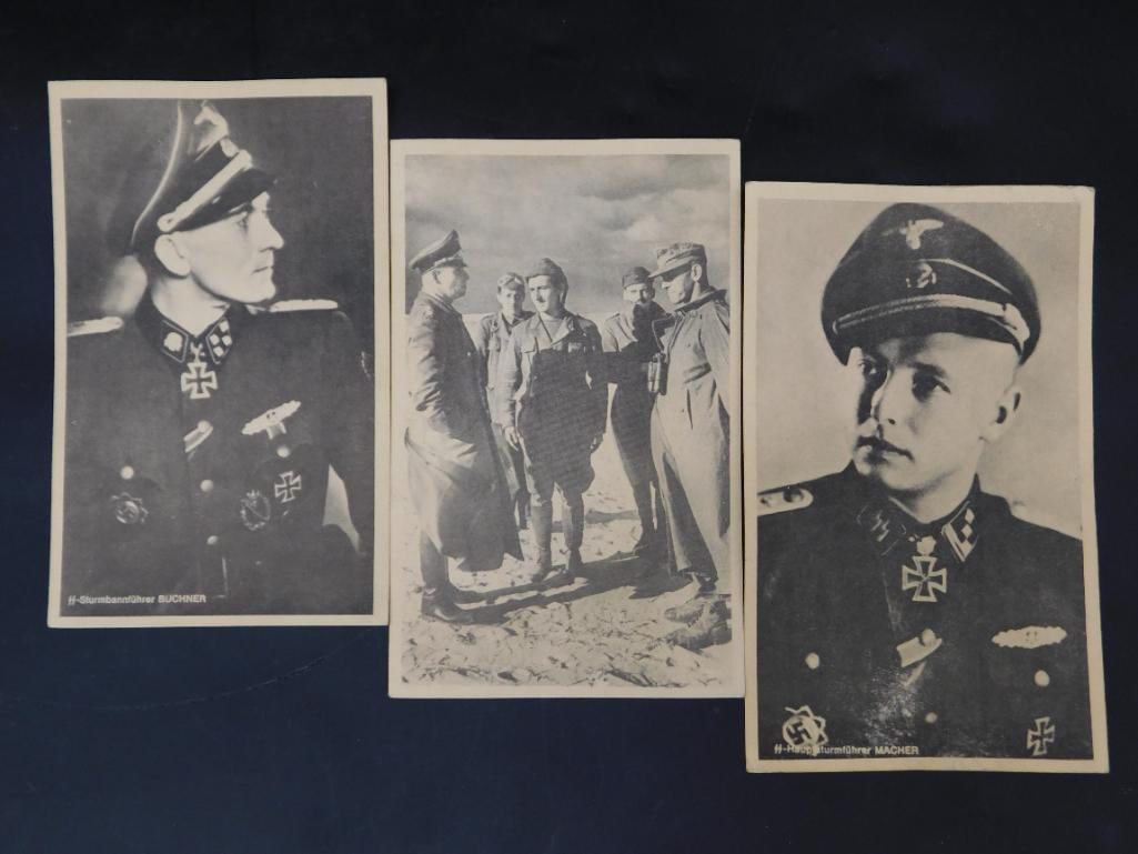 Three WWII German Postcards Featuring Military Figures: - Set of three German WWII-era postcards illustrating military figures in uniform. | - Includes detailed drawings and photographs of men in German military attire, including medals like the Iron Cross