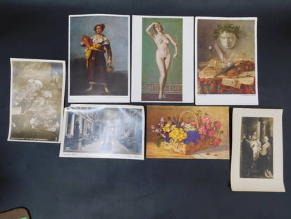 Collection of Seven Art Postcards and Prints: This lot includes a collection of seven assorted art-themed postcards and prints. The pieces feature images of renowned artwork, scenic settings, and floral arrangements. Some cards are marked with id