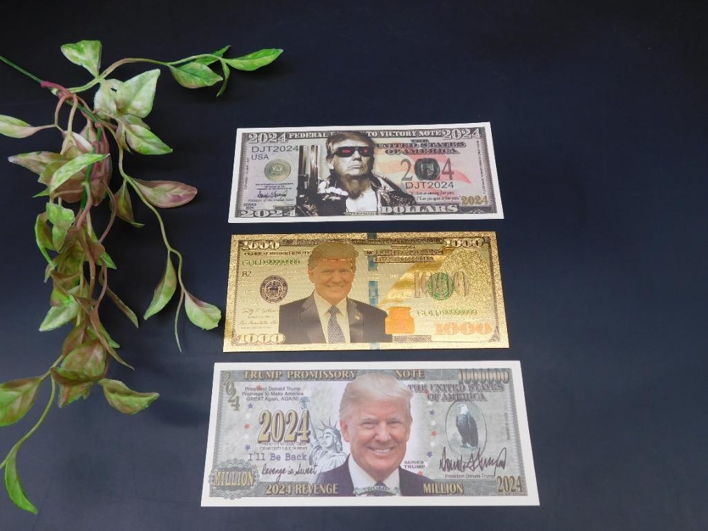Set of Three Novelty Federal Reserve Note-Style Bills Featuring Political Imagery: Includes three imitation currency-style items featuring vibrant political-themed designs on both sides. Items utilize various gold-tone and standard coloring. Presented with ruler for reference.<