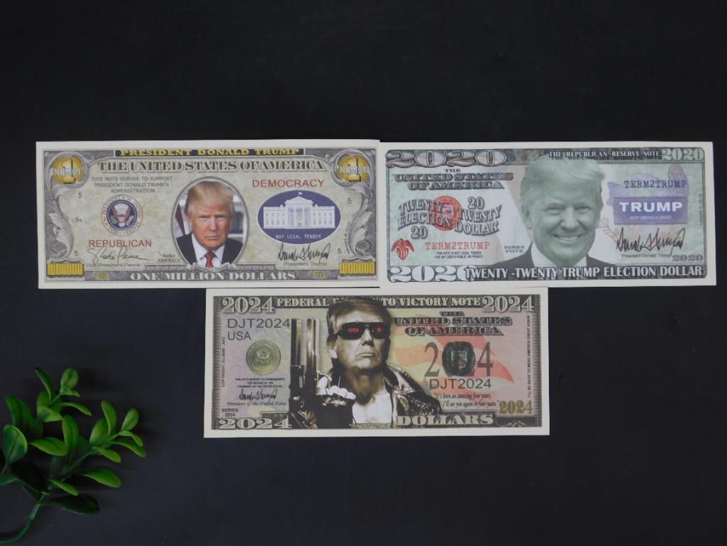 Set of Three Novelty Trump-Themed Banknotes: Set of three novelty banknotes featuring Donald Trump: a $1 million 2024 "Republican Democracy" note, a $20 "20/24 Trump Election Dollar," and a $204 "Victory Note" design. Eac