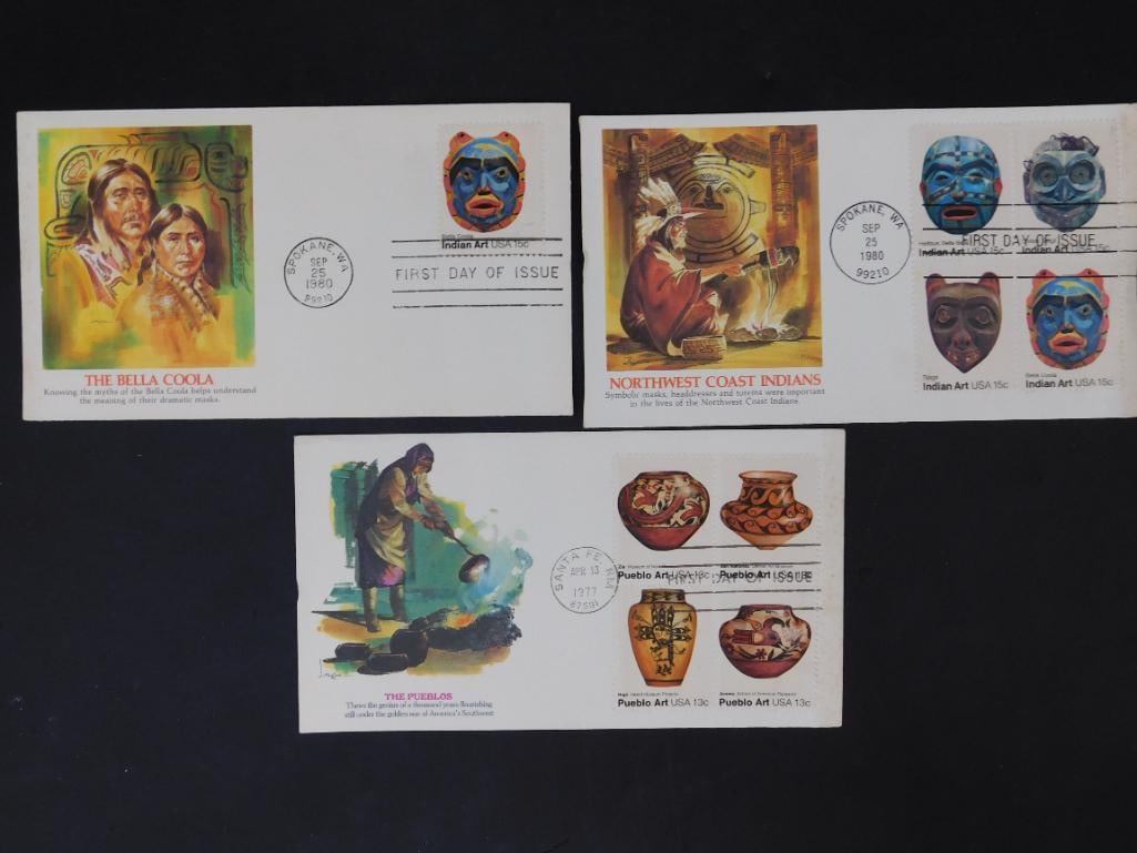 Set of First Day Issue Native American Themed Covers: This lot includes three First Day of Issue covers with Native American themes. The stamps feature Pueblo Art (13-cent denomination) and Indian Art (15-cent denomination). Each envelope is postmarked w