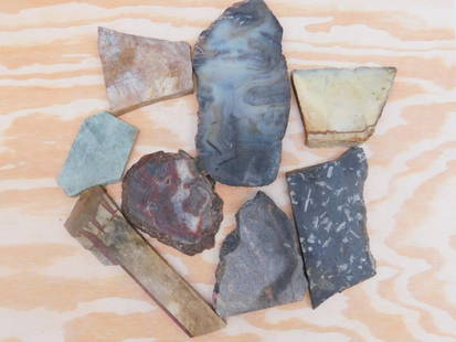 Assorted Stone Slabs for Collectors ROCK STONE LAPIDARY SPECIMEN: Lot of 8 polished and cut rock and stone slabs featuring unique patterns and natural colors. Includes a variety of materials such as jasper and agate. Great for collectors, lapidary projects, or displ