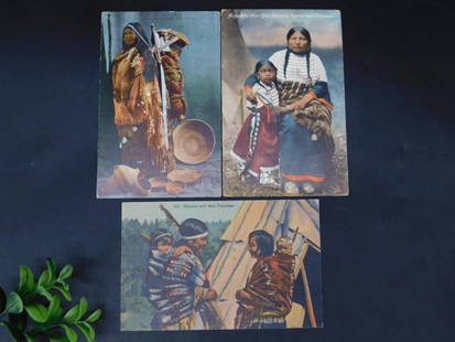 Lot of Three Early Native American Indian Themed Postcards: This lot contains three vintage postcards featuring Native American themes. Two are postmarked: one in 1912, and another in 1916, while the third remains unused. The cards include depictions of Native