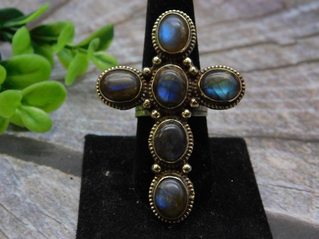 LABRADORITE CROSS RING ADJUSTABLE VINTAGE ANTIQUE: LABRADORITE CROSS RING ADJUSTABLE VINTAGE ANTIQUE
