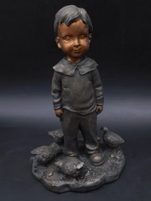 LITTLE BOY WITH CHICKENS STATUETTE VINTAGE ANTIQUE
