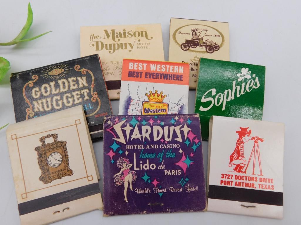 Collection of Eight Vintage Matchbook Covers ADVERTISING: A set of eight vintage matchbook covers with various designs, including advertising for hotels, casinos, and restaurants. Features iconic businesses such as Stardust Hotel and Casino, Golden Nugget, a