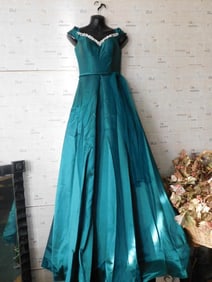 Teal Off-Shoulder Evening Gown with Embellishments