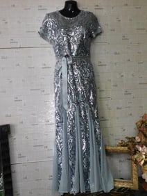 Silver Embellished Evening Gown with Belt
