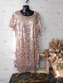 Short-Sleeve Rose Gold Sequin Dress With V-Back
