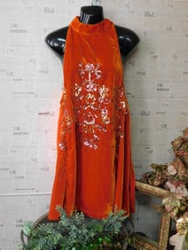 Orange Velvet Halter Dress with Embellished Design