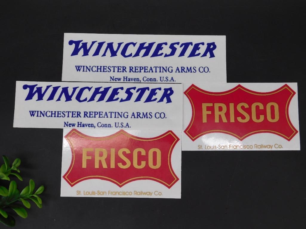 Winchester & Frisco Decals Set: - Includes 4 decals: 2 "Winchester Repeating Arms Co., New Haven, Conn. U.S.A." and 2 "Frisco St. Louis-San Francisco Railway Co." | - Winchester decals feature blue text on a white background. | - Fr