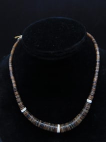 Brown Heishi Shell Bead Necklace with White Accents