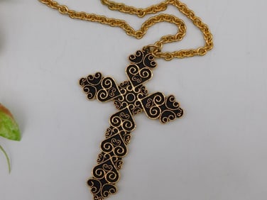 Gold-Tone Chain Necklace with Black and Gold Cross Pendant