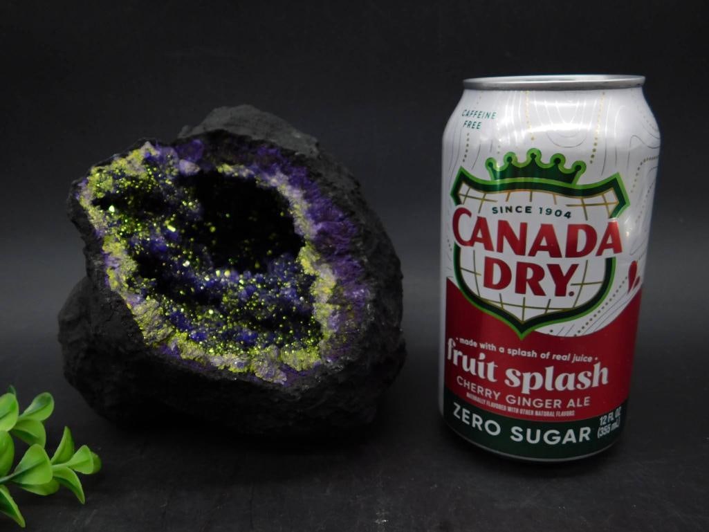 GEODE ROCK STONE LAPIDARY SPECIMEN: Purple amethyst geode featuring striking yellow crystal accents. Approximately 3 lbs 5 oz in weight. Display-ready specimen.