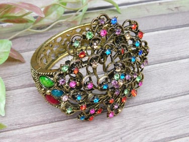 Multicolored Gemstone-Embellished Metal Bracelet