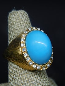 Gold-Tone Ring with Turquoise Stone and Rhinestones, Size 7