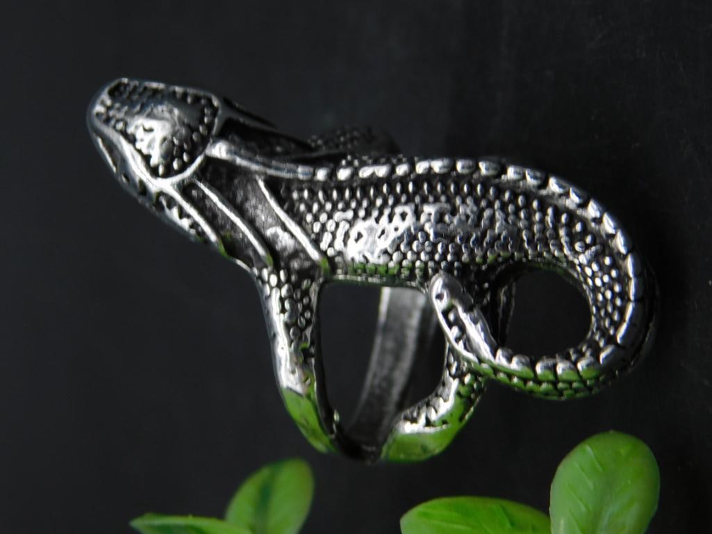Silver-Tone Lizard-Shaped Ring Size 9: Silver-toned metal ring designed in the shape of a detailed lizard. Fits size 9. Features textured details on the lizard's head, body, and tail with a wrap-around design. Ring noted alongside a U.S. q