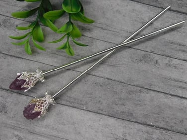 Silver Hair Sticks With Purple Stone Accents