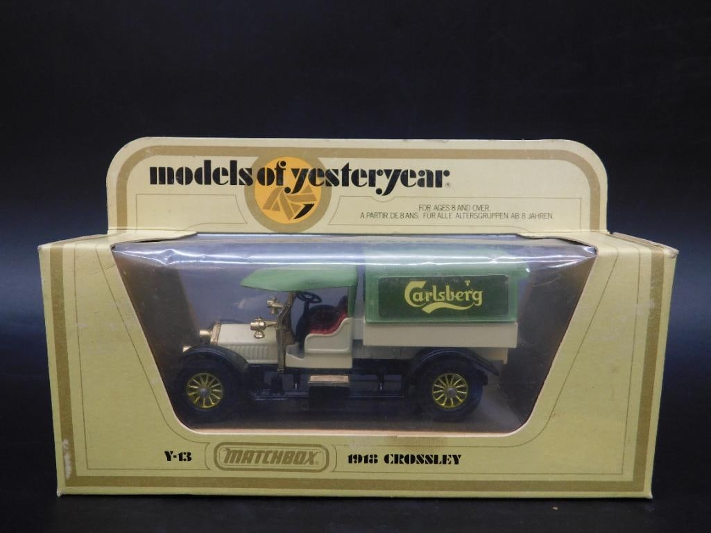 Matchbox Models of Yesteryear Y-12 1912 Ford Crossley: Matchbox 'Models of Yesteryear' Y-12 1912 Ford Crossley model truck in original packaging. Features a 'Carlsberg' advertisement on the canopy. Packaging includes model details and specifications. The
