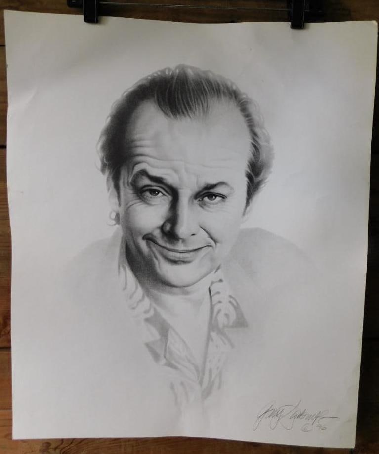 JACK NICHOLSON CHARCOAL SKETCH BY GARY SADERUP VINTAGE ANTIQUE: WELCOME TO HATMAN AUCTIONS! SPECIAL NOTICE: Please see photos for measurements and descriptions. ***Yes, we have in house shipping with MANY REPEAT CUSTOMERS because of our streamlined service. ****We