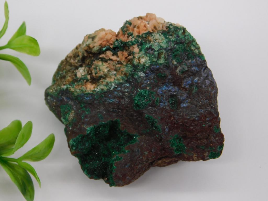 Malachite and Azurite Mineral Specimen Rock Stone Lapidary Specimen: - Natural malachite and azurite mineral specimen with green and blue hues. | - Contains additional mineral formations in beige tones. | - Approximate weight of 135 grams, as marked. | - Includes visua