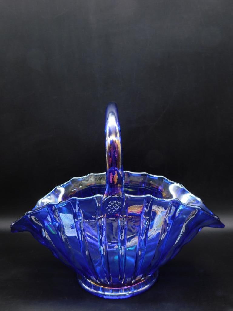 LE SMITH BLUE CARNIVAL SLUNG GLASS BASKET: LE SMITH BLUE CARNIVAL SLUNG GLASS BASKET