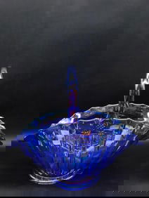 LE SMITH BLUE CARNIVAL SLUNG GLASS BASKET