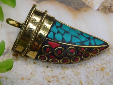 Turquoise and Red Coral Horn Pendant ROCK STONE LAPIDARY SPECIMEN