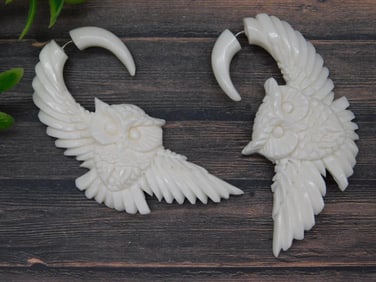 CARVED BONE OWL EARRINGS ROCK STONE LAPIDARY SPECIMEN