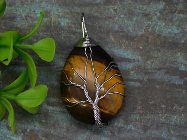 TIGER EYE WIRE WRAPPED TREE OF LIFE PENDANT ROCK STONE LAPIDARY SPECIMEN