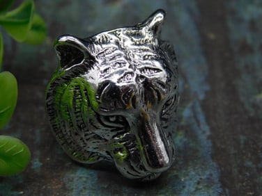 Mens Silver-Tone Tiger Head Ring, Size 9.5