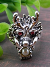 Dragon Ring with Red Stones and Pearl Accent