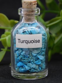 Small Glass Bottle with Turquoise GEMSTONES ROCK STONE LAPIDARY SPECIMEN