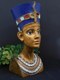 Decorative Bust of Nefertiti in Gold and Blue Tones