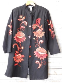 Indigo Moon Black Jacket with Red Floral Embroidery, Size M