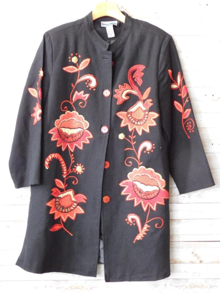 Indigo Moon Black Jacket with Red Floral Embroidery, Size M: Indigo Moon Black Jacket with Red Floral Embroidery, Size M