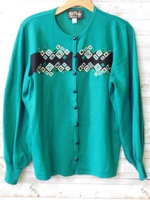 Bob Mackie Green Cardigan with Embroidered Square Design