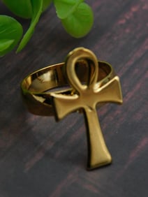 Gold-Toned Ankh Ring, Size 6.5