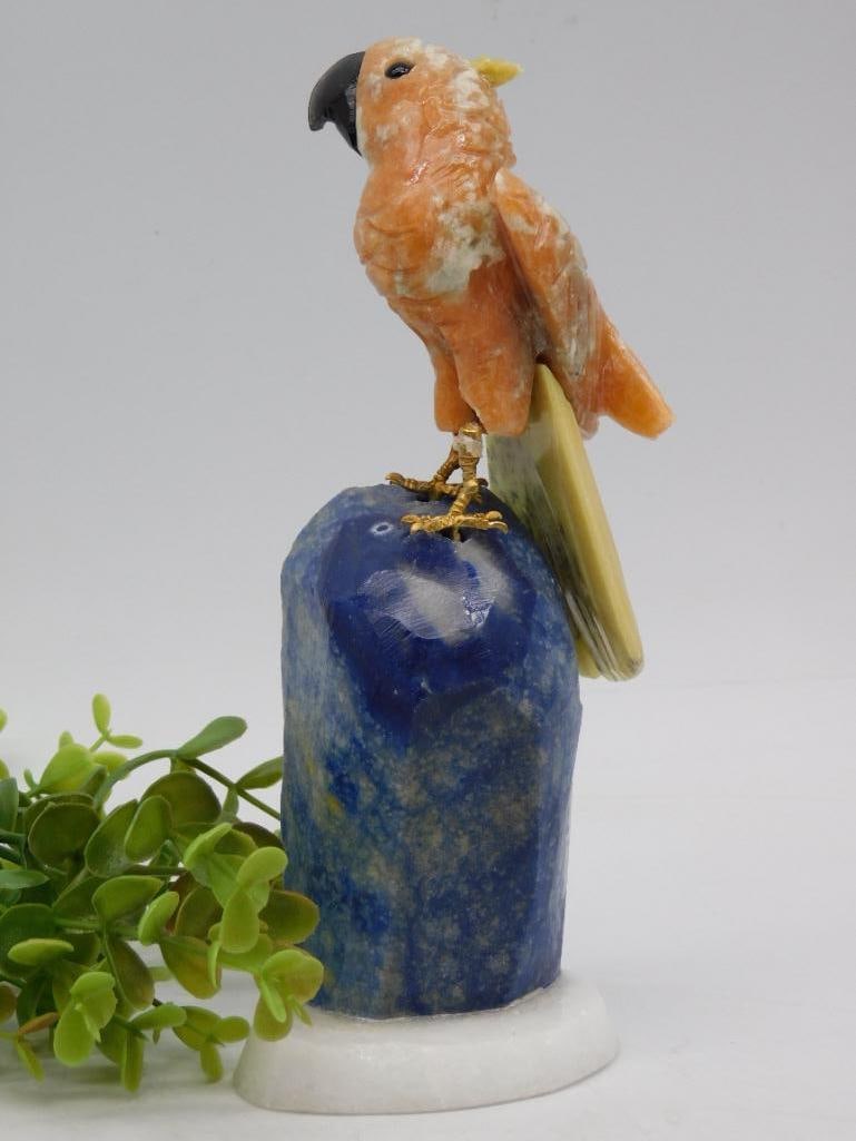 Carved Stone Parrot on Lapis Lazuli Base Figurine: Carved Stone Parrot on Lapis Lazuli Base Figurine